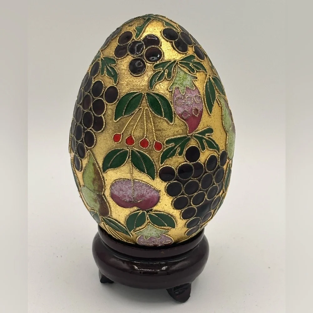 Chinese Enamel Cloisonne Egg With Stand Raised Fruit Design 4”x3”Vintage Gold